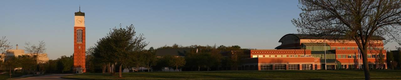 View of the center of campus including the Padnos Hall of Science, Arend & Nancy Lubbers Student Services Center, and the Cook Carillon Clock Tower.